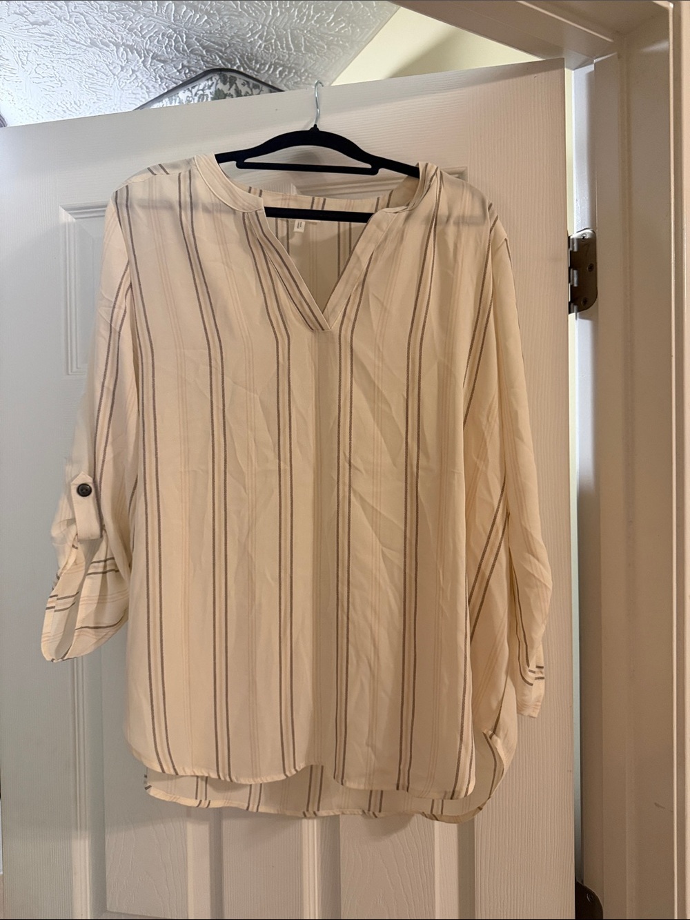 Maurices Cream Vertical-Stripe V-Neck Roll-Sleeve Tunic